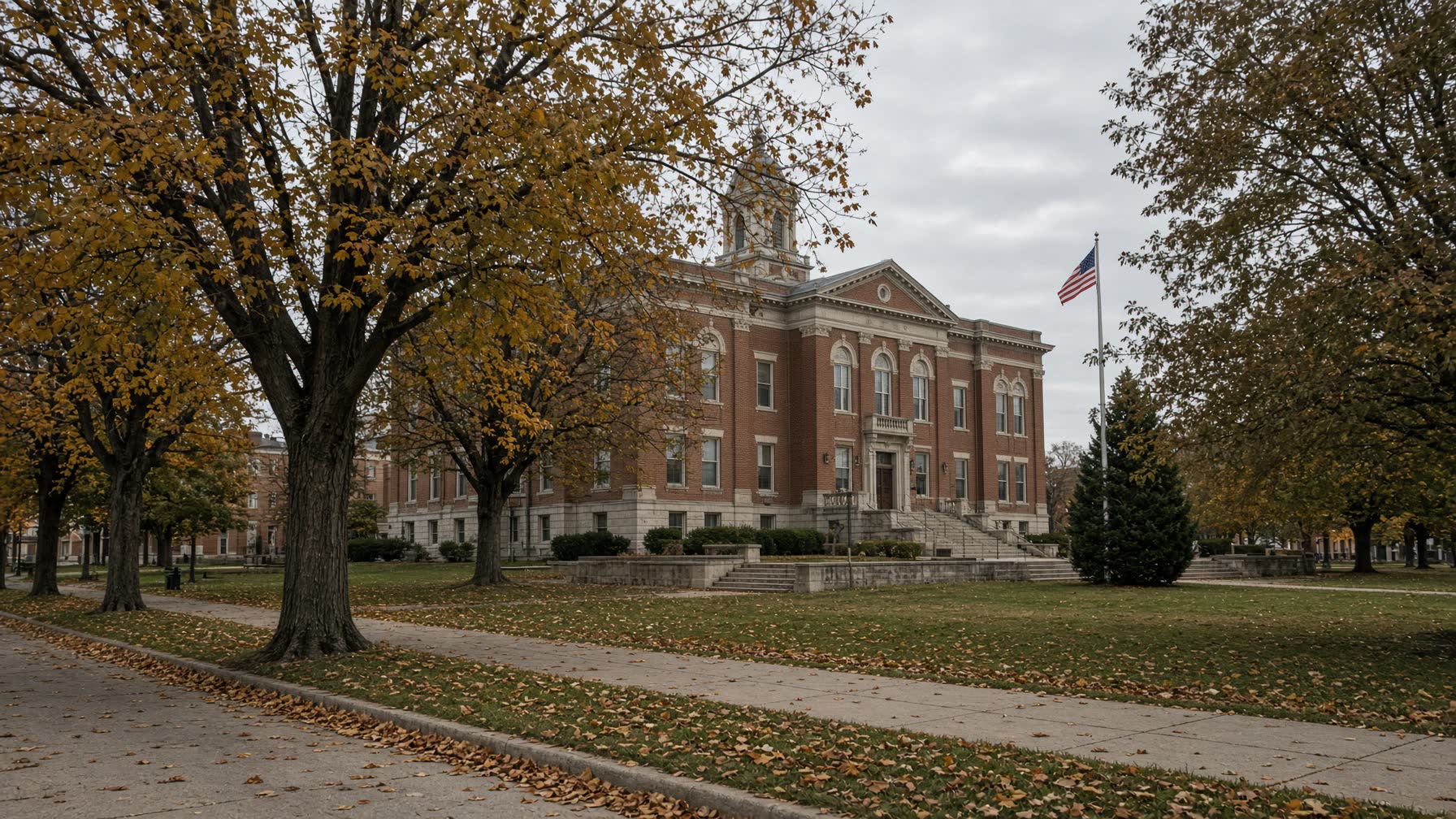 A modest Midwestern courthouse square in autumn.