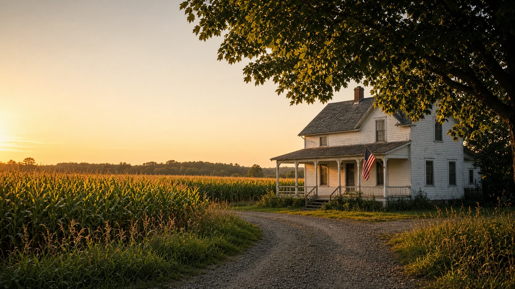 A Newaygo County farm at golden hour, with a modest American flag on the porch.