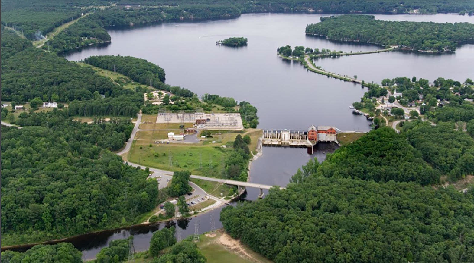 Aerial view of a Newaygo County dam and reservoir.
