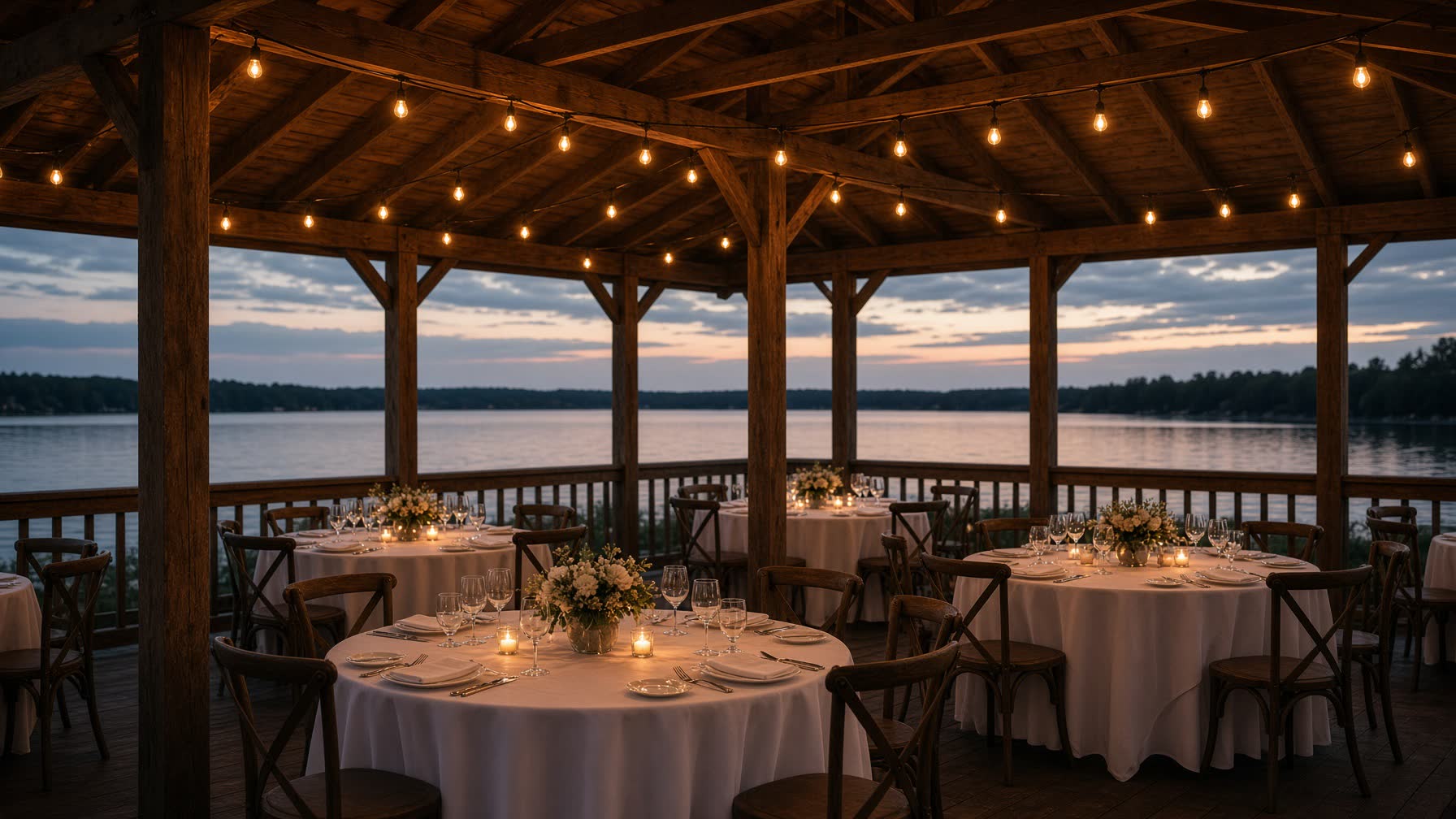 Tables set for an evening dinner in a lakeside pavilion.