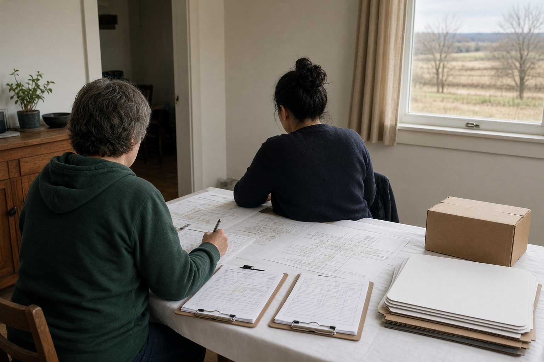 Volunteers working from a kitchen table with maps and clipboards.